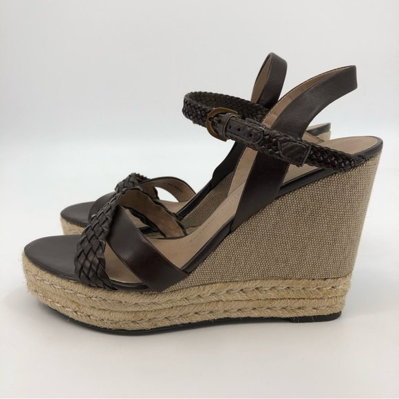 Franco Sarto Brown/Tan Heel Sandal | High Wedge, Adjustable Strap - Picture 4 of 8